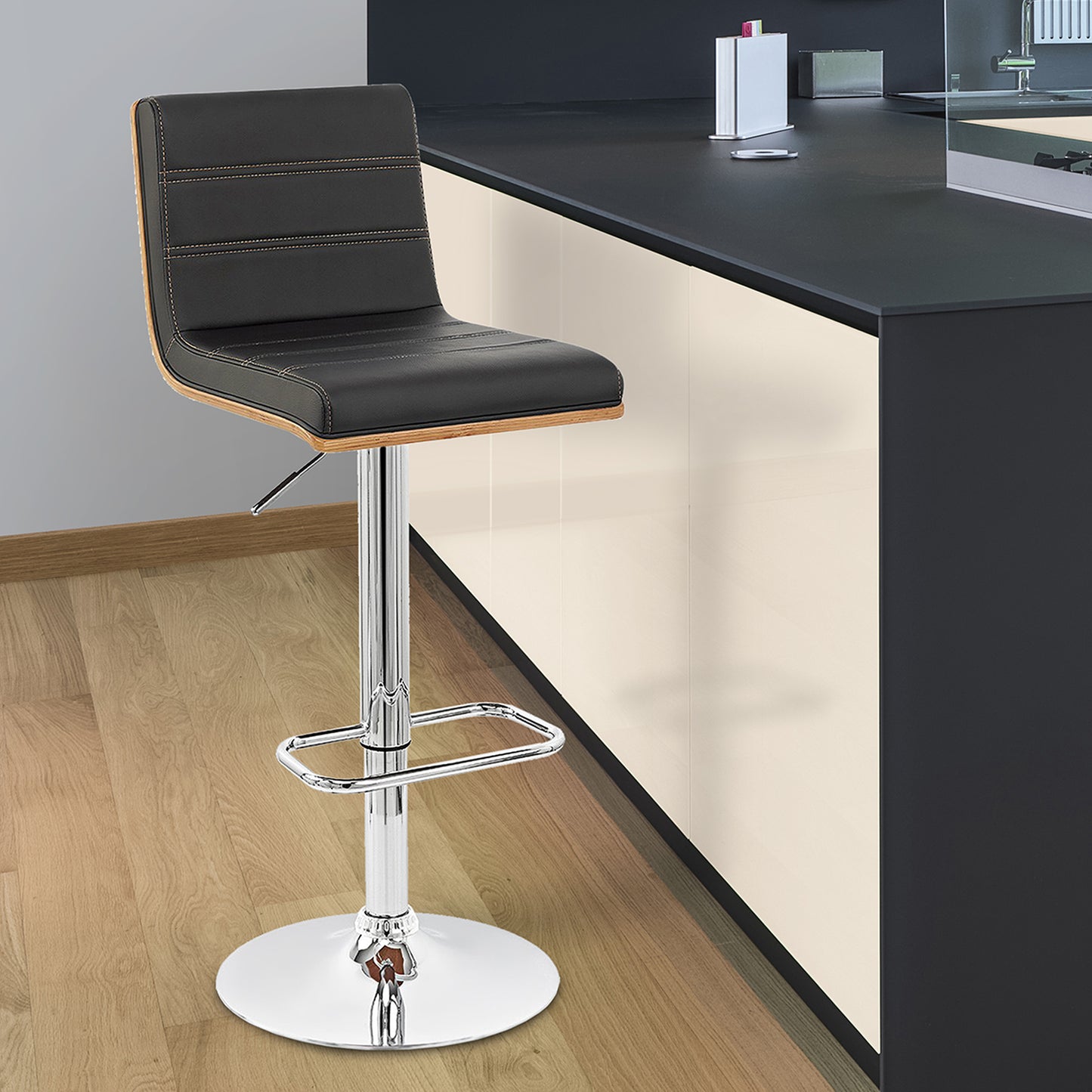 Aubrey Adjustable Height Swivel Faux Leather and Chrome Bar Stool with Walnut Wood