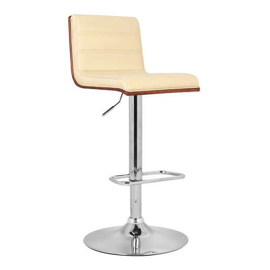 Aubrey Adjustable Height Swivel Faux Leather and Chrome Bar Stool with Walnut Wood