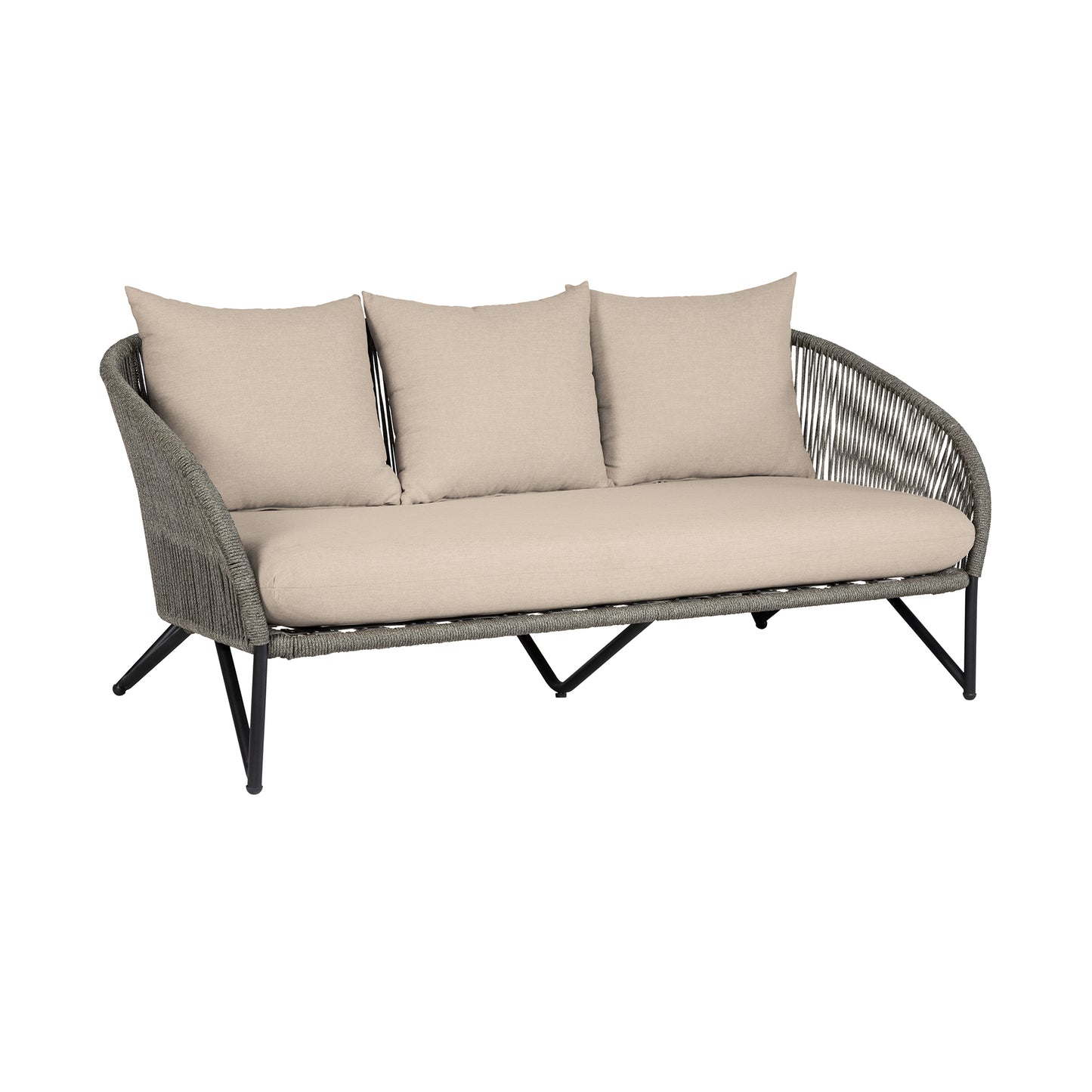 Benicia Outdoor Patio Sofa in Black Steel with Gray Rope and Taupe Olefin Cushions