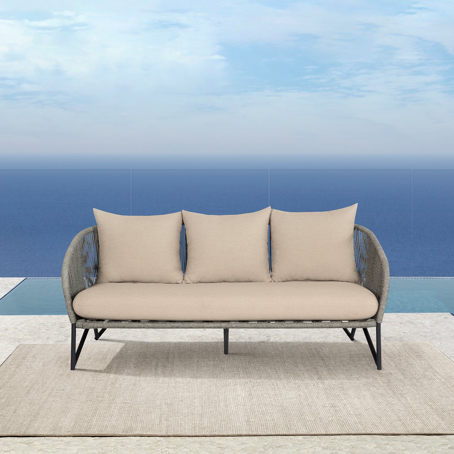 Benicia Outdoor Patio Sofa in Black Steel with Gray Rope and Taupe Olefin Cushions
