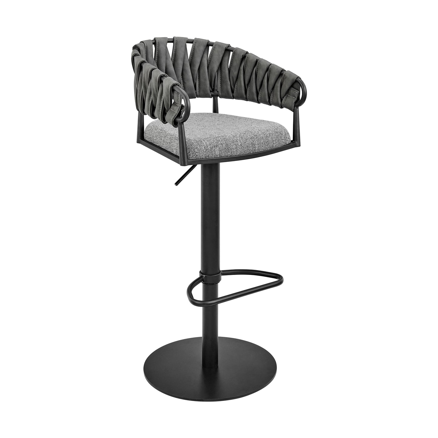 Blaise Adjustable Swivel Counter or Bar Stool in Black Metal with Gray Fabric and Faux Leather