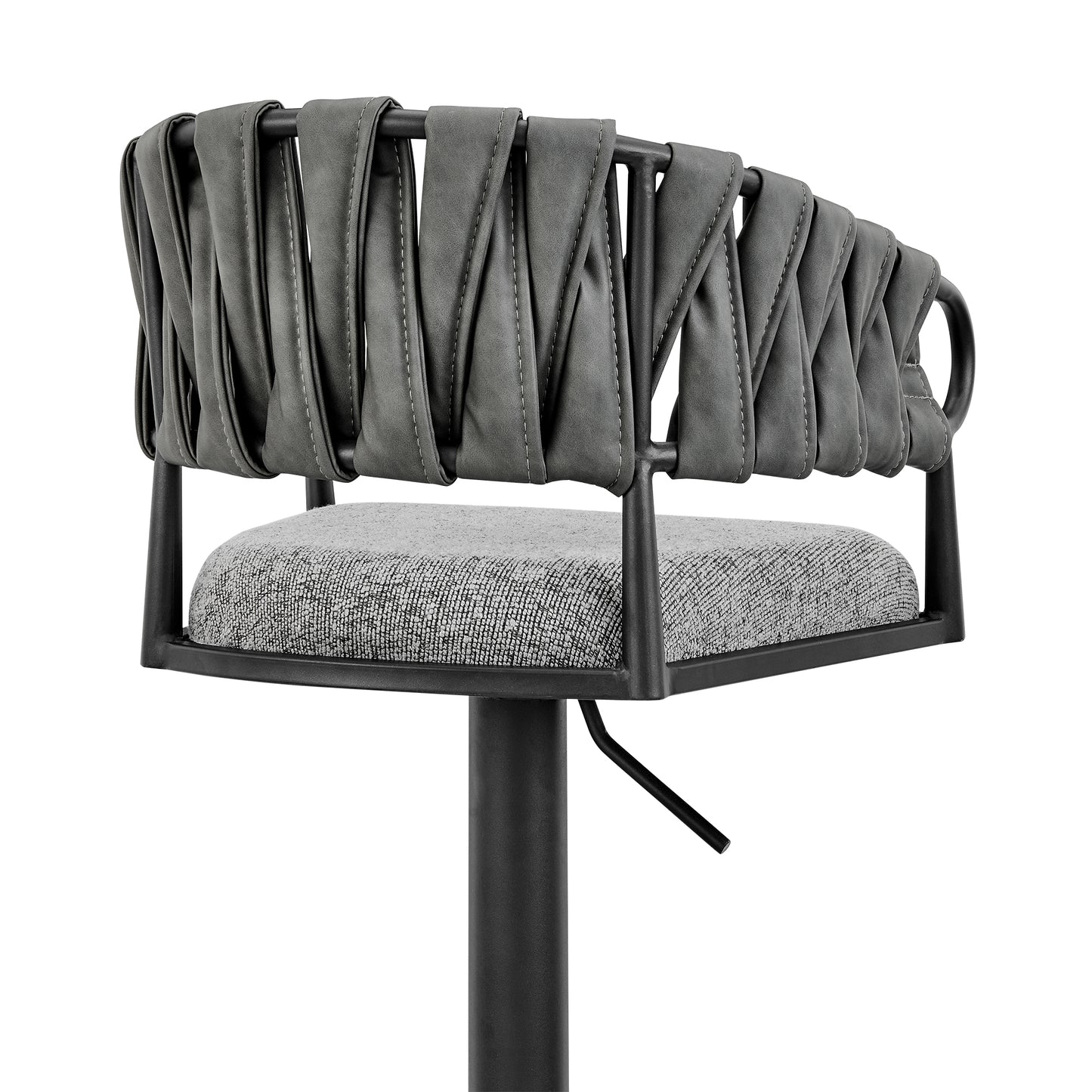 Blaise Adjustable Swivel Counter or Bar Stool in Black Metal with Gray Fabric and Faux Leather
