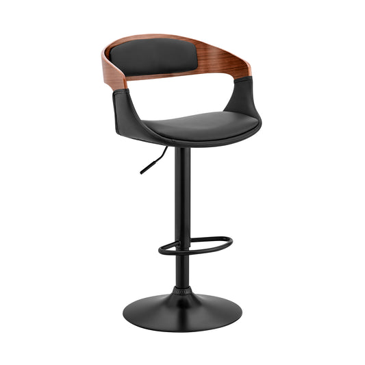 Benson Adjustable Faux Leather and Wood Bar Stool with Black and Chrome Base