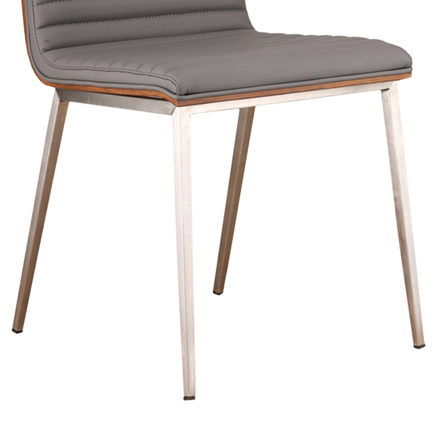 Café Brushed Stainless Steel Dining Chair in Gray Faux Leather with Walnut Back - Set of 2