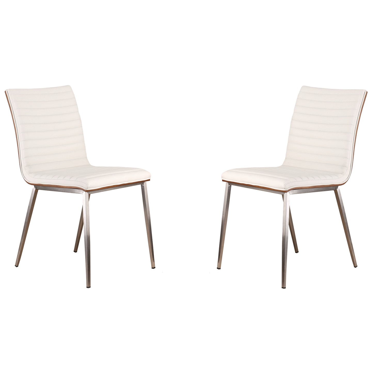 Café Brushed Stainless Steel Dining Chair in White Faux Leather with Walnut Back - Set of 2