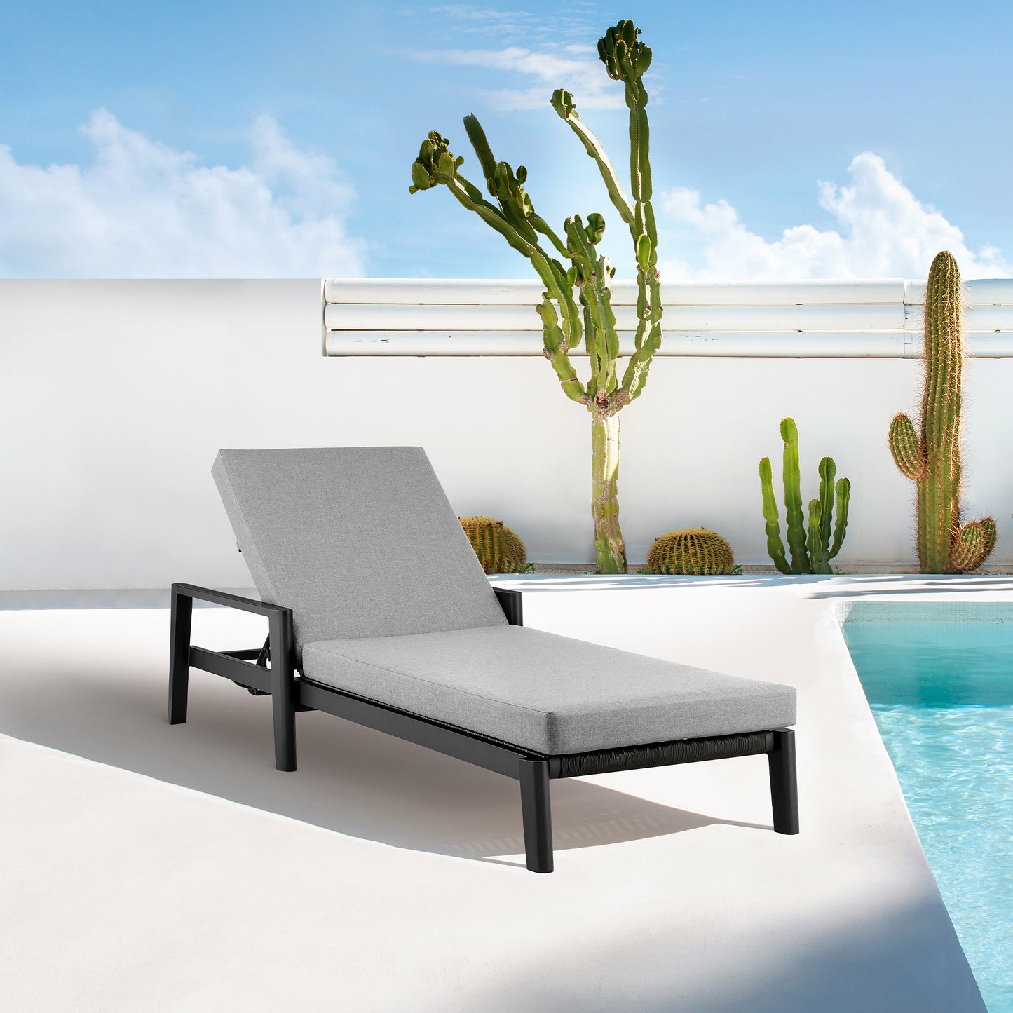 Cayman Outdoor Patio Adjustable Chaise Lounge Chair in Aluminum with Gray Cushions