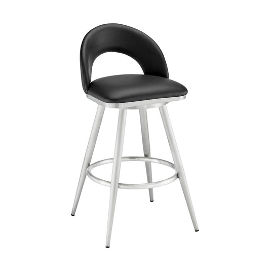 Charlotte Swivel Counter and Bar Stool in Brushed Stainless Steel and Faux Leather