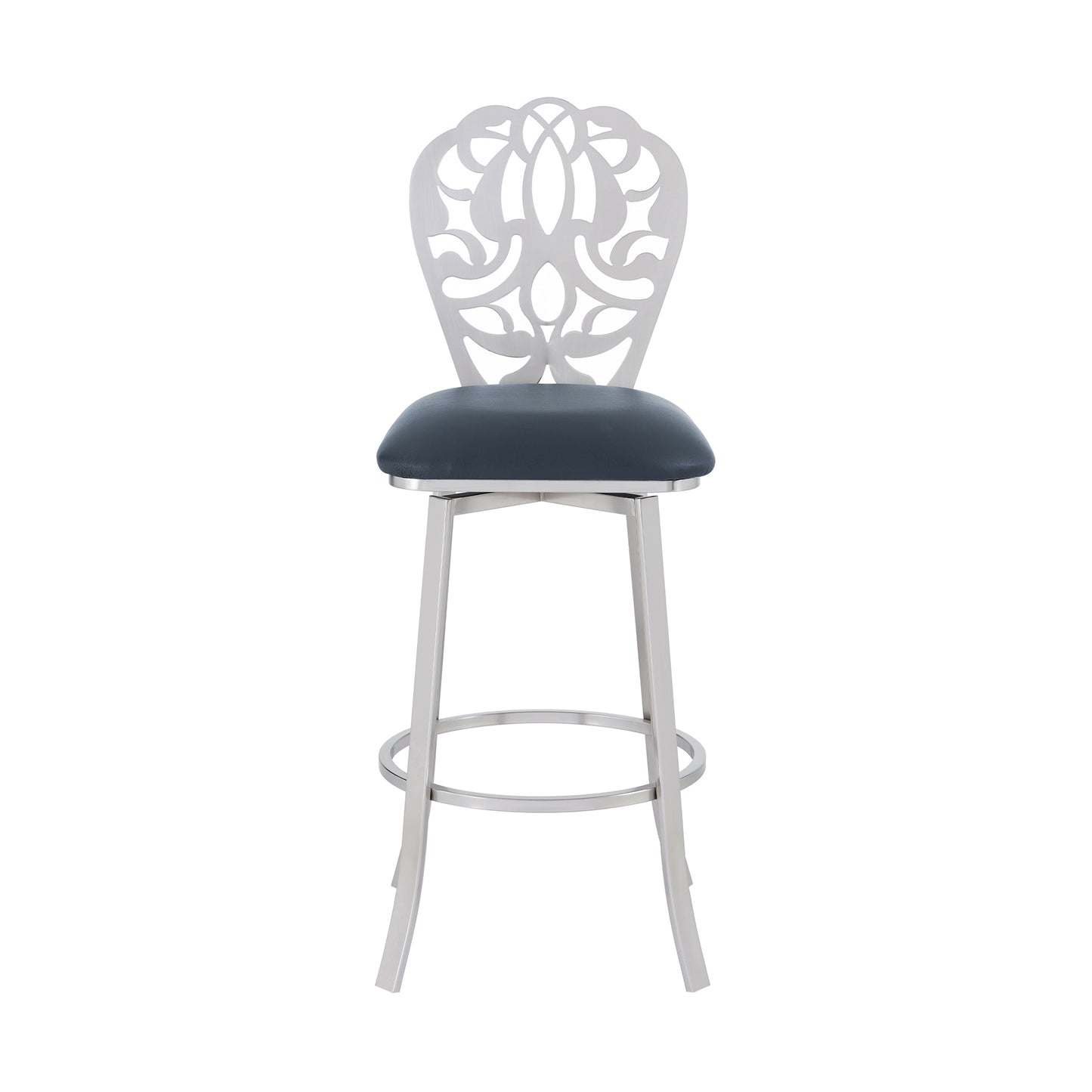 Cherie Contemporary 30" Bar Height Barstool in Brushed Stainless Steel Finish and Gray Faux Leather