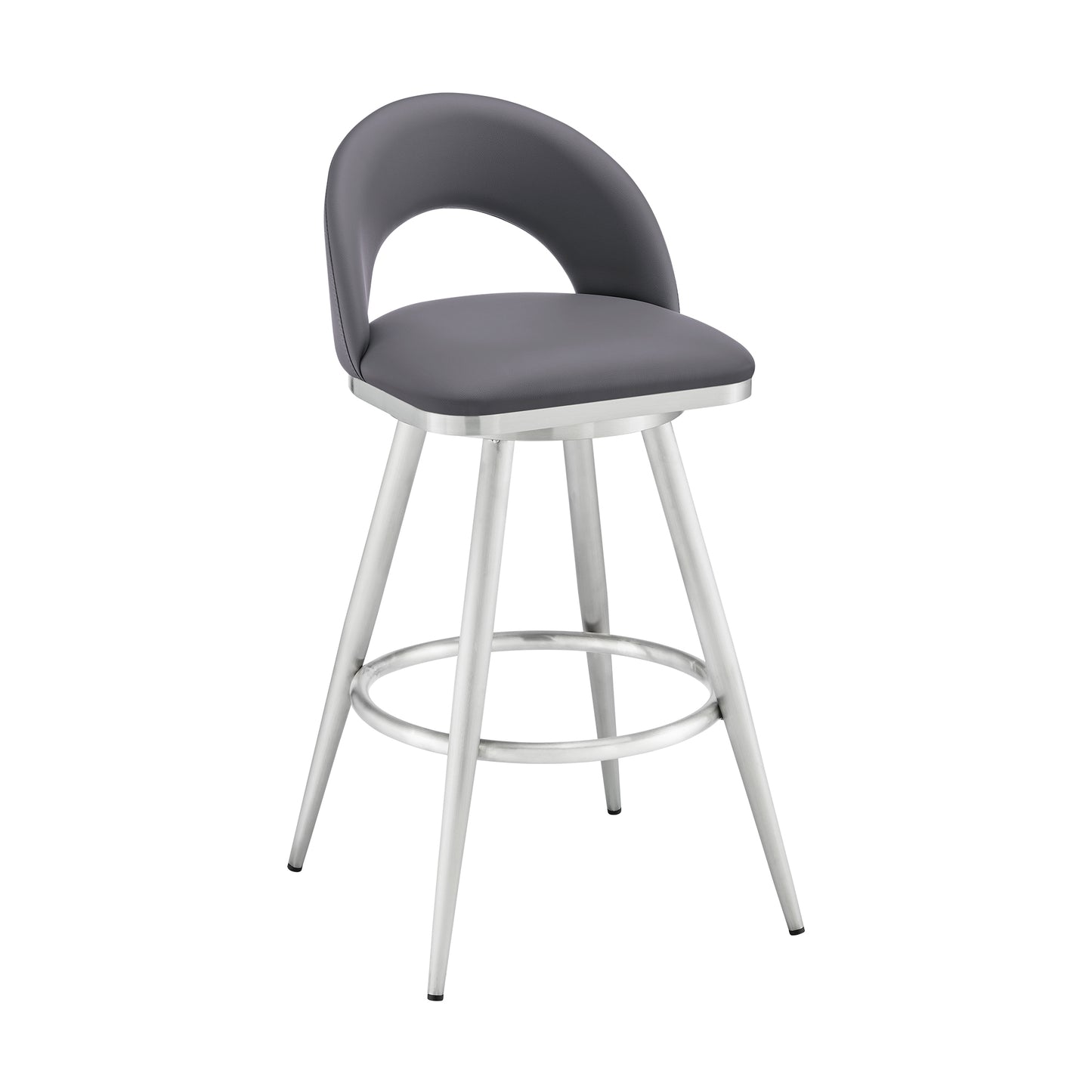 Charlotte Swivel Counter and Bar Stool in Brushed Stainless Steel and Faux Leather