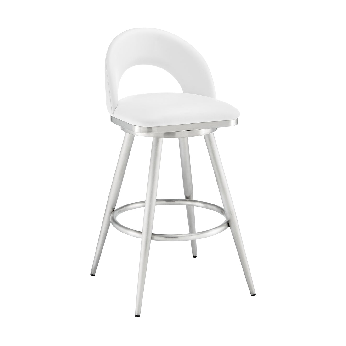 Charlotte Swivel Counter and Bar Stool in Brushed Stainless Steel and Faux Leather