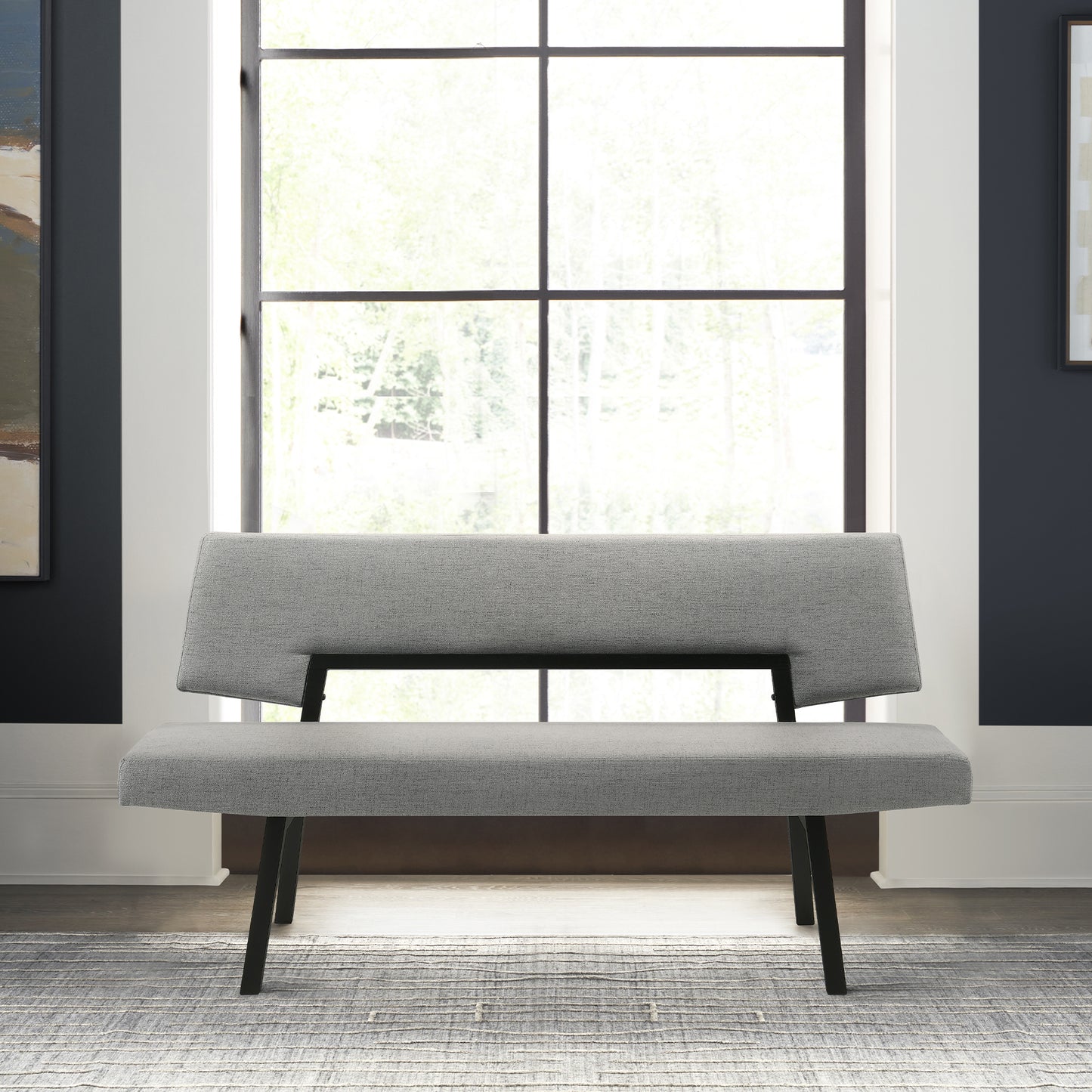 Channell Wood Dining Bench in Black Finish with Charcoal Fabric