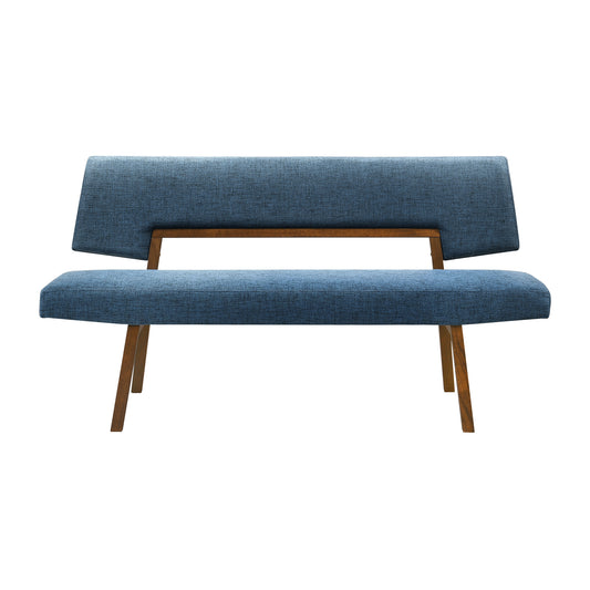 Channell Wood Dining Bench in Walnut Finish with Blue Fabric