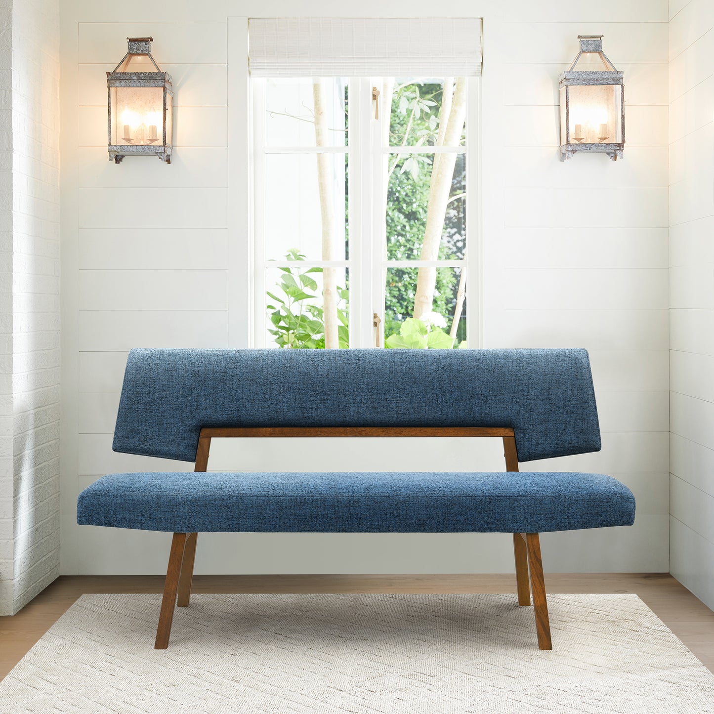 Channell Wood Dining Bench in Walnut Finish with Blue Fabric