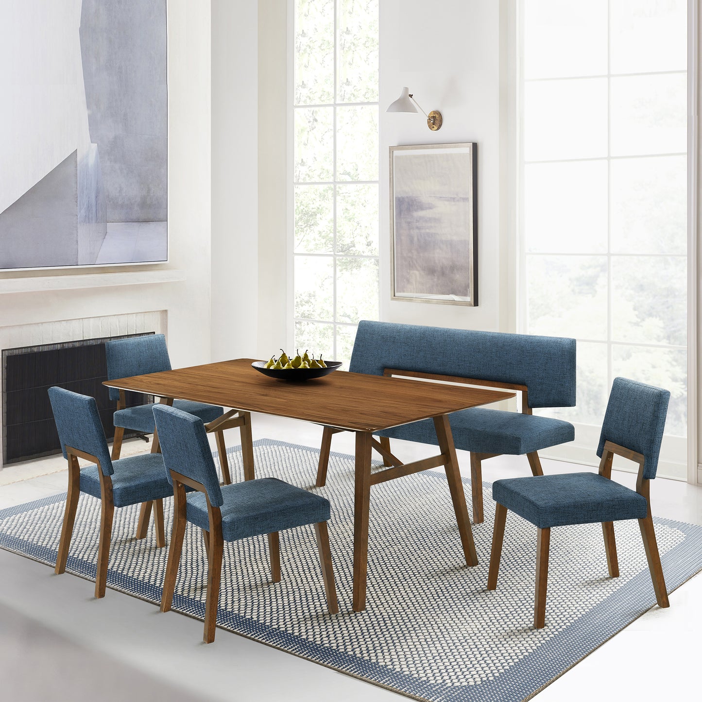 Channell Wood Dining Bench in Walnut Finish with Blue Fabric