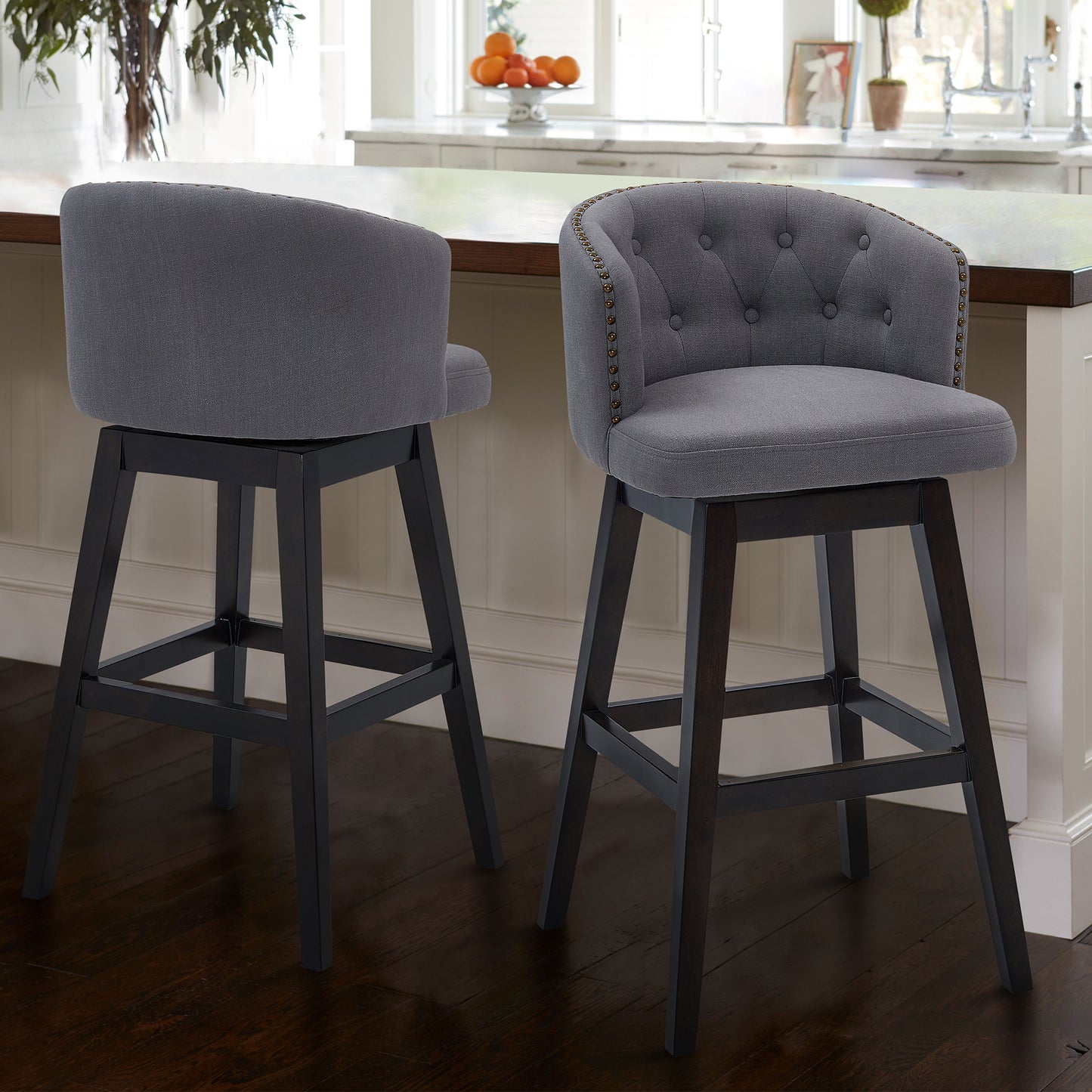 Celine Swivel Fabric and Espresso Wood Bar Stool - Counter and Bar Height Options