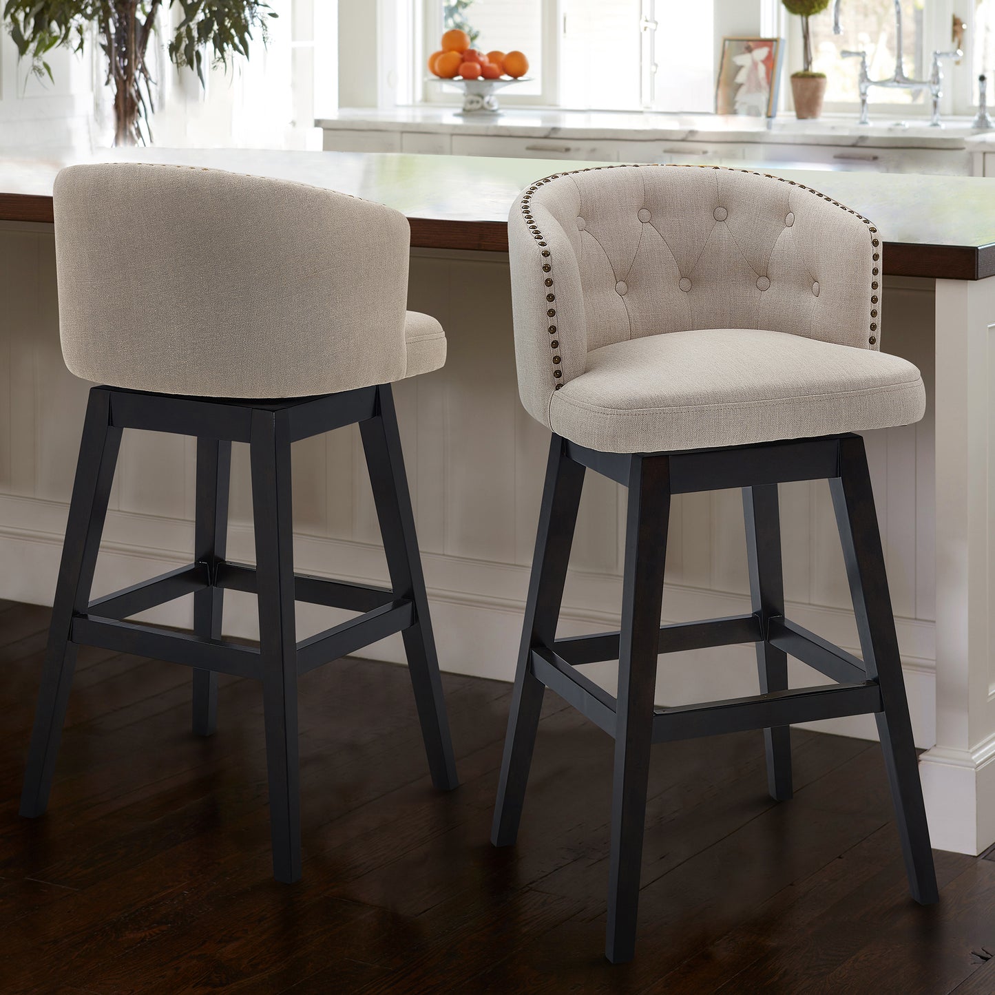 Celine Swivel Fabric and Espresso Wood Bar Stool - Counter and Bar Height Options
