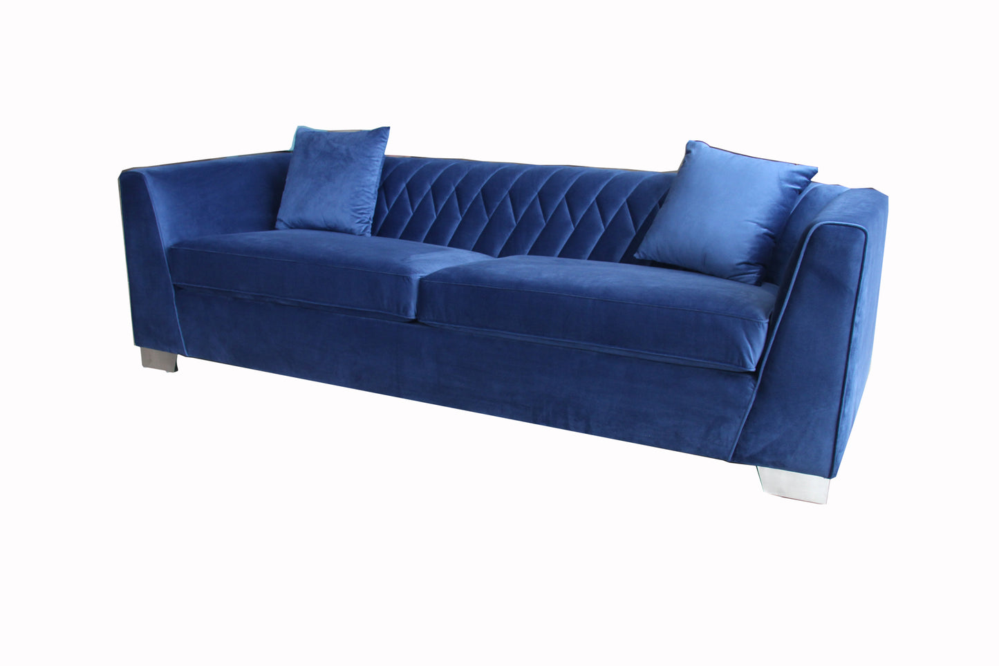 Cambridge Contemporary Sofa in Brushed Stainless Steel and Blue Velvet
