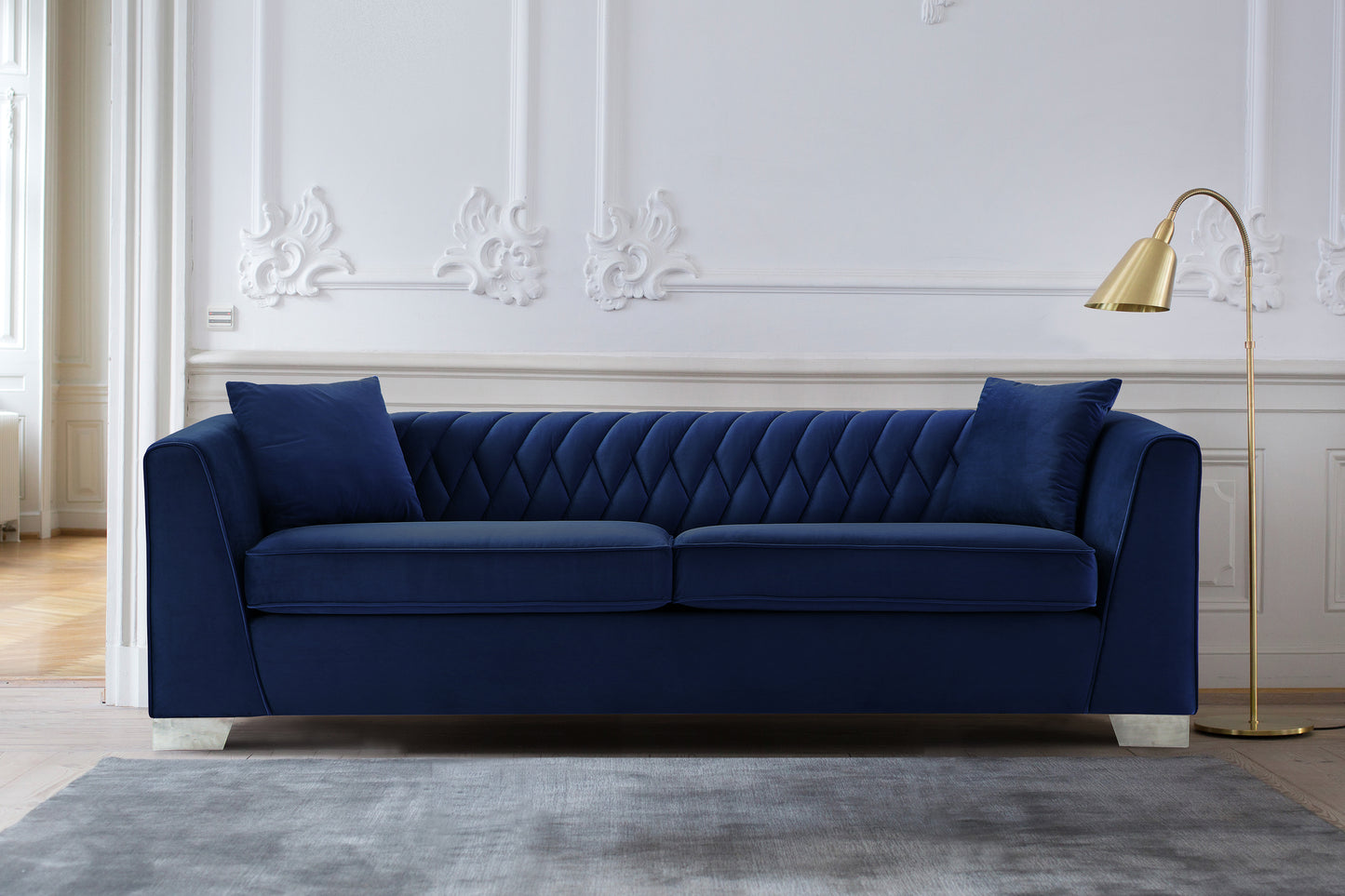 Cambridge Contemporary Sofa in Brushed Stainless Steel and Blue Velvet