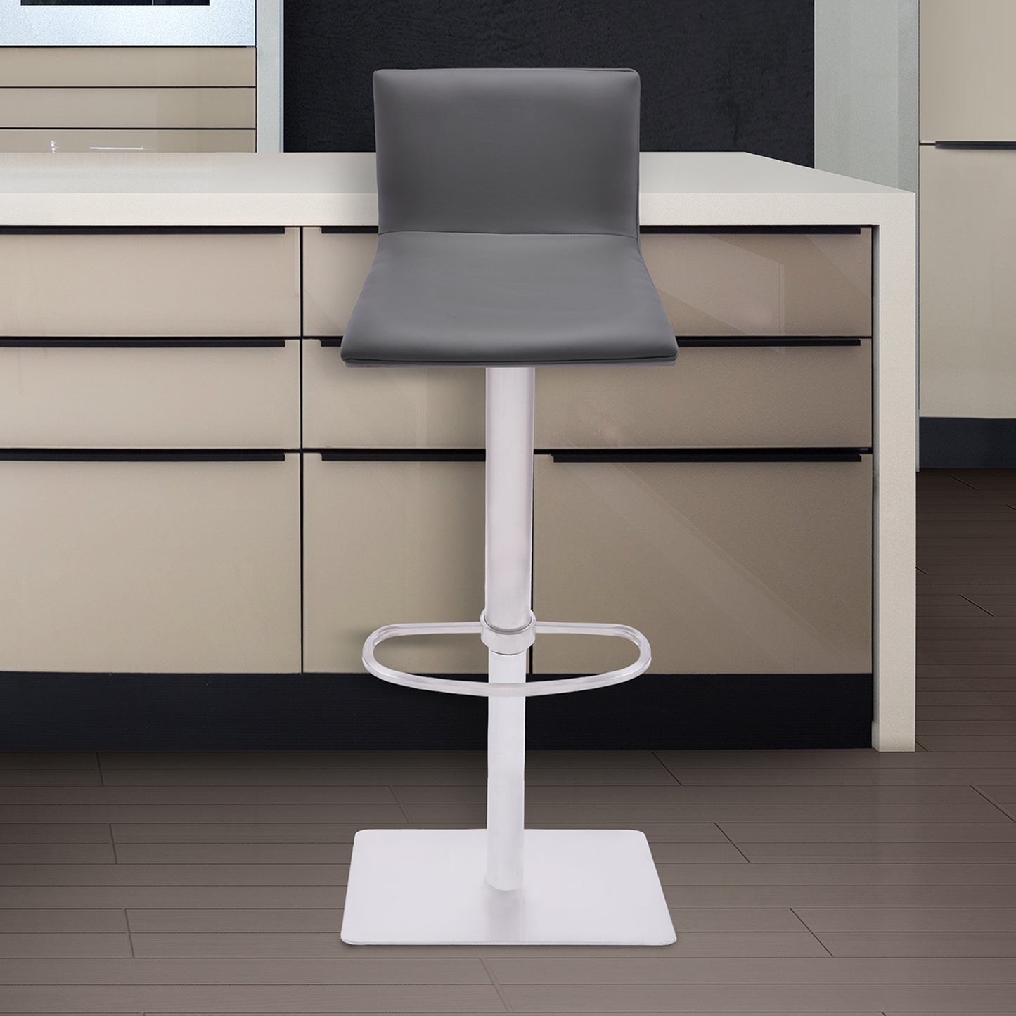 Crystal Adjustable Height Swivel Bar Stool with Brushed Stainless Steel Base and Faux Leather