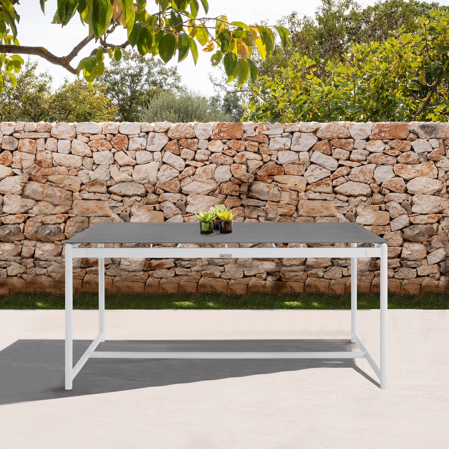 Crown White Aluminum and Teak Outdoor Dining Table with Stone Top