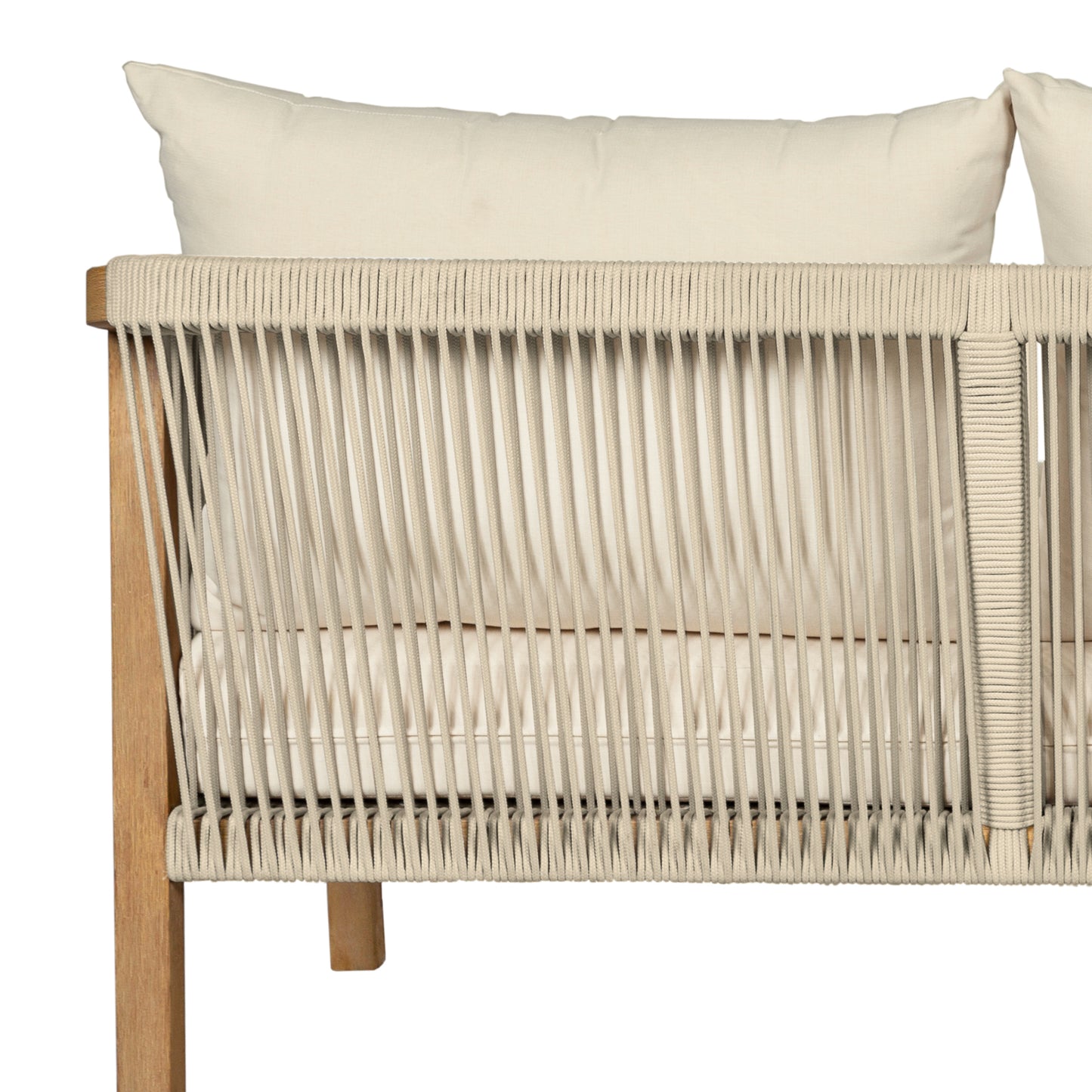 Cypress Outdoor Patio Sofa in Blonde Eucalyptus Wood and Light Gray Rope with Ivory Olefin Cushions