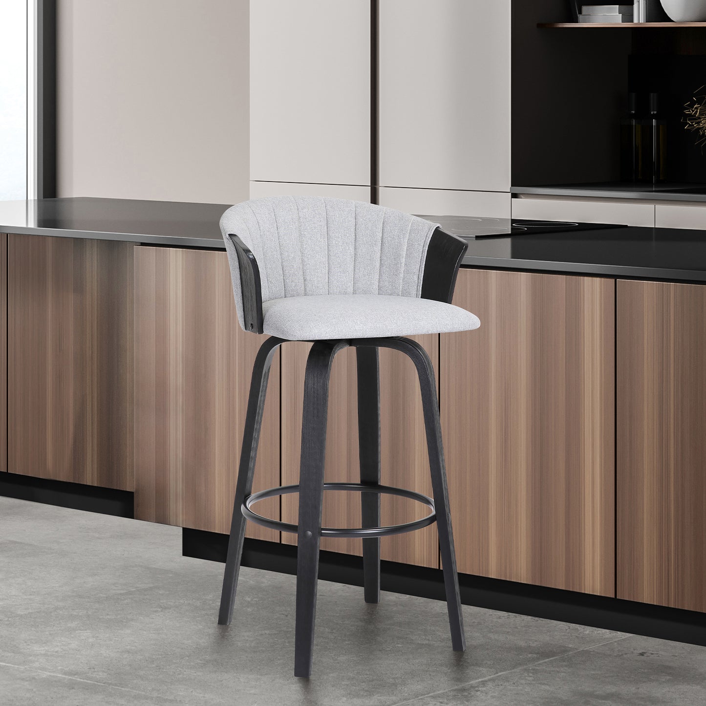 Diana Swivel Wood Counter and Bar Stool in Various Fabrics and Finishes