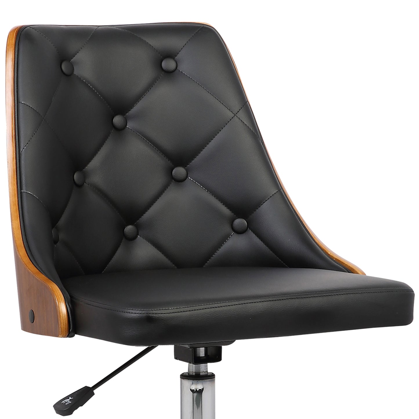 Diamond Mid-Century Office Chair in Chrome finish with Tufted Black Faux Leather and Walnut Veneer Back