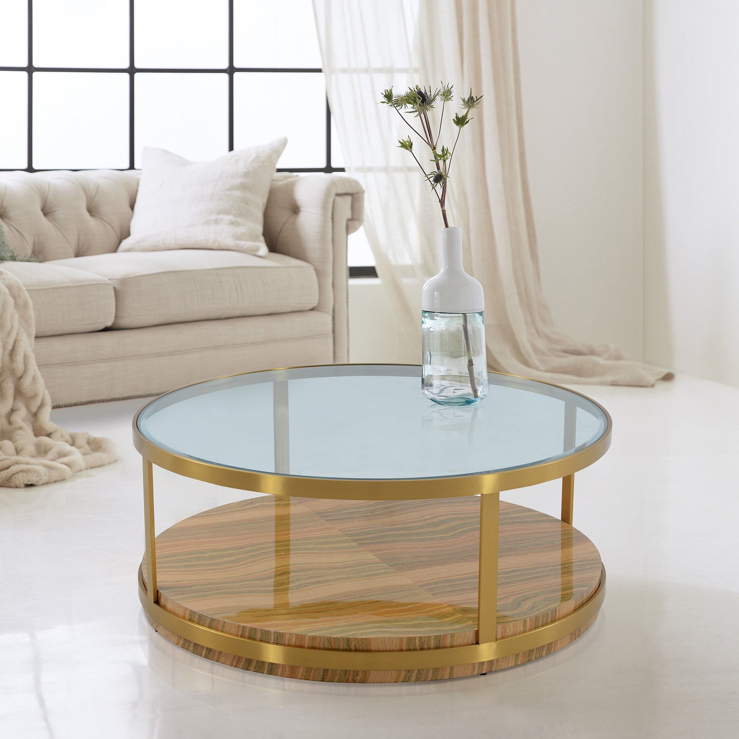 Hattie Glass Top Coffee Table with Brushed Gold Legs