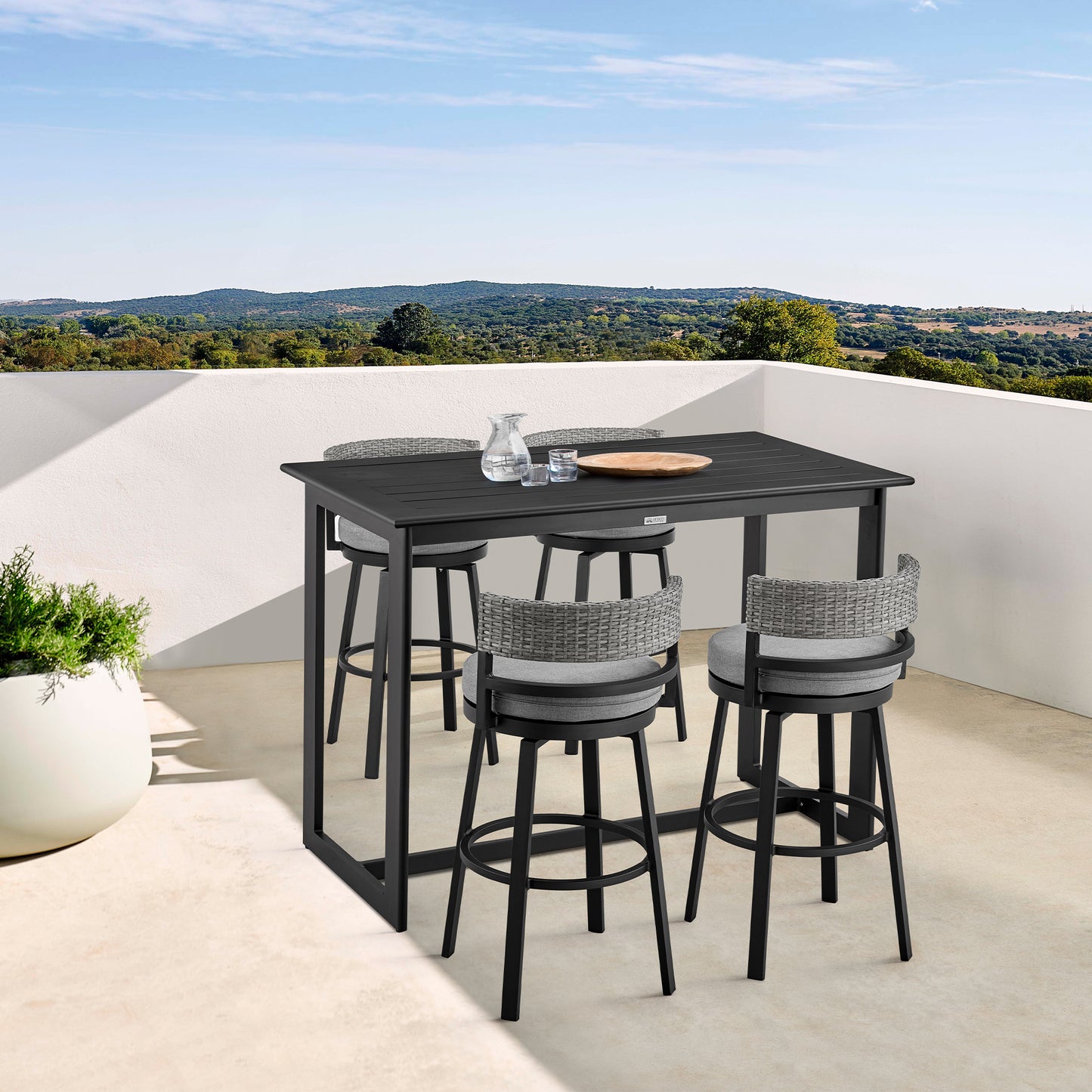 Encinitas Outdoor Patio Swivel Bar Stool in Aluminum and Wicker with Cushions