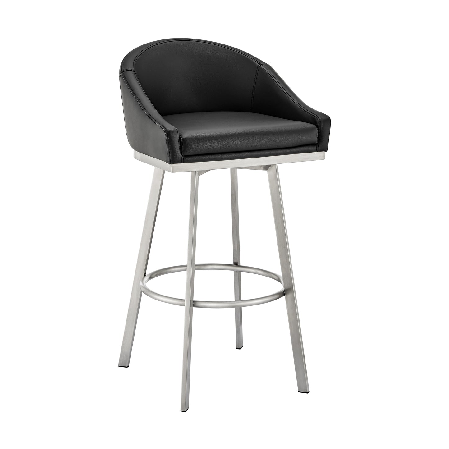 Eleanor 26" Swivel Counter Stool in Brushed Stainless Steel and Black Faux Leather