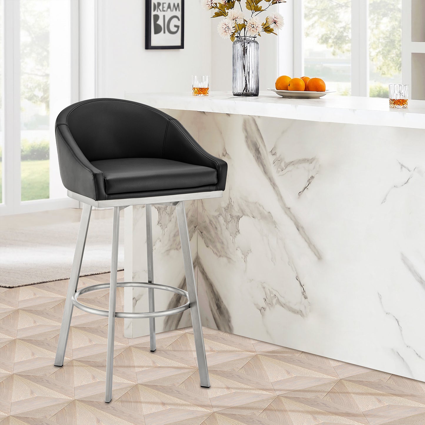 Eleanor Swivel Stool in Brushed Stainless Steel and Faux Leather Options