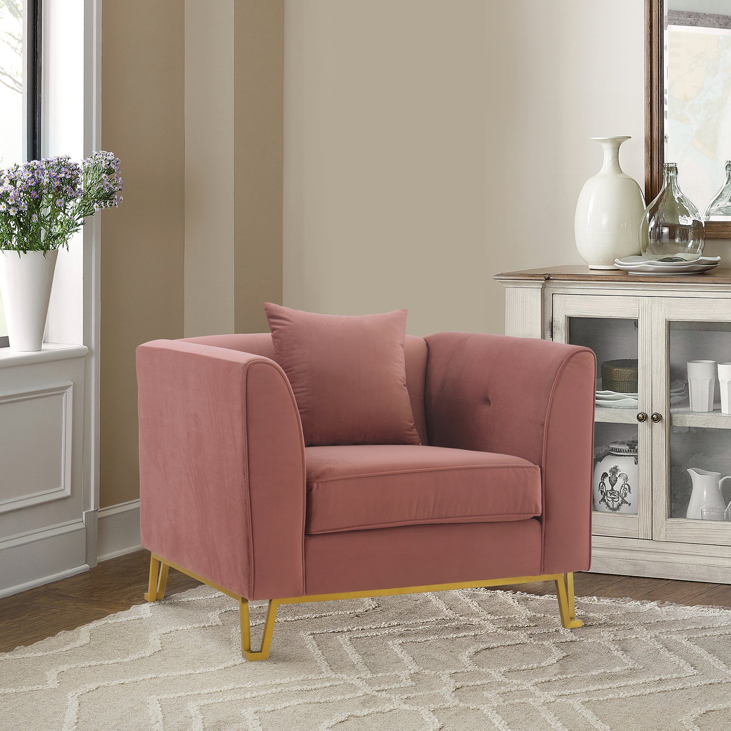 Everest Blush Fabric Upholstered Sofa Accent Chair with Brushed Gold Legs