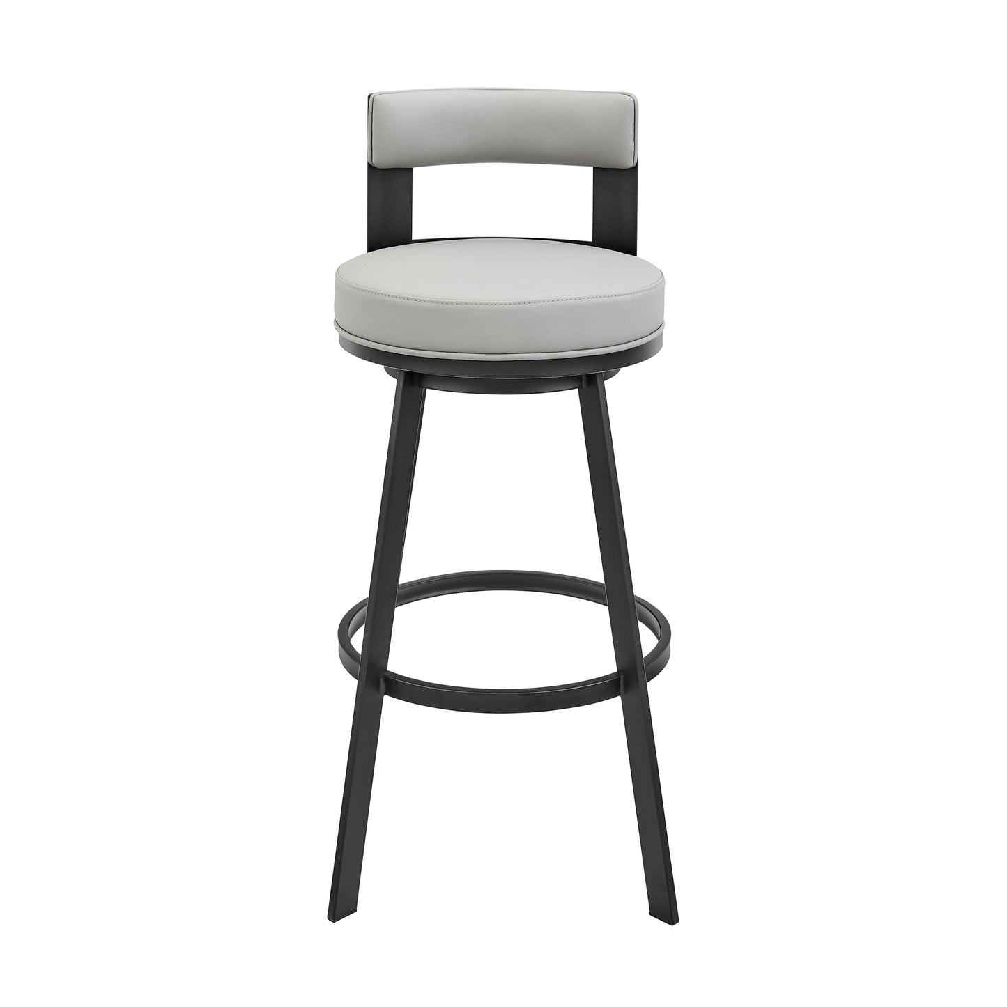Flynn 26" Swivel Counter Stool in Black Metal with Light Gray Faux Leather