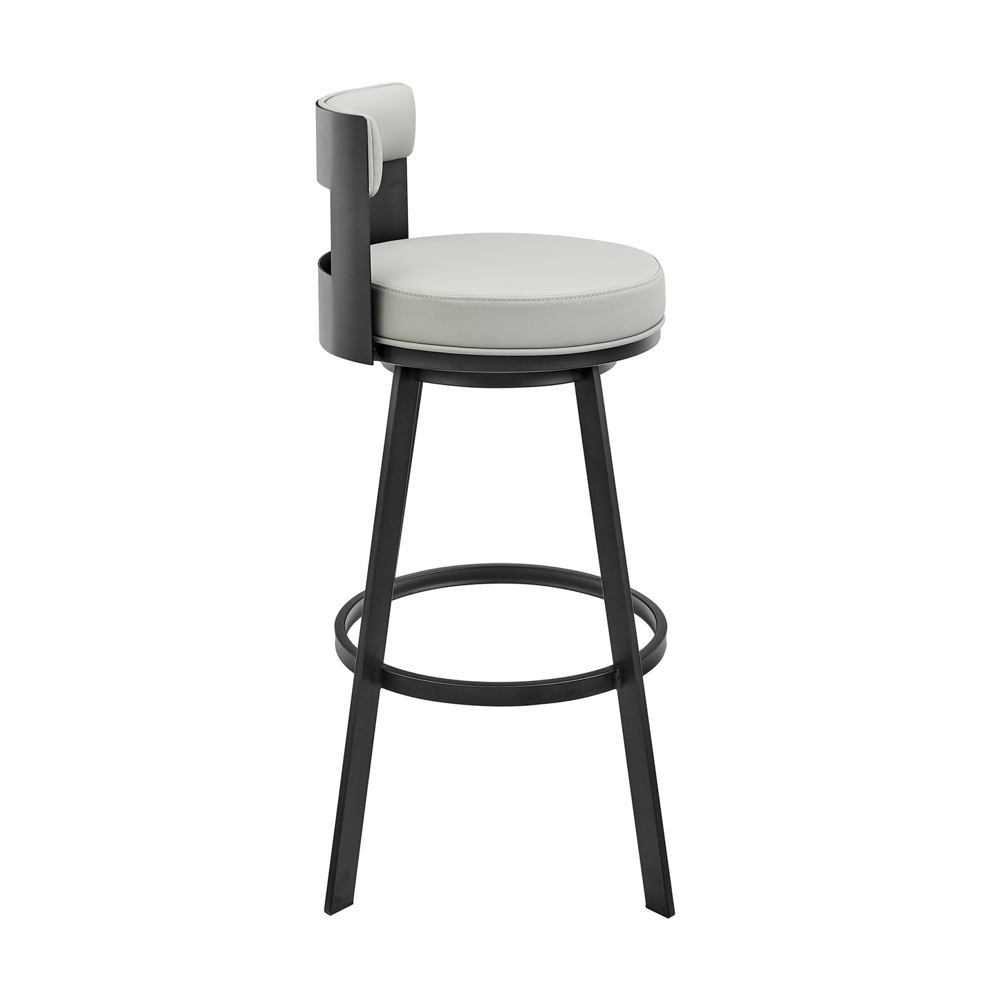 Flynn 30" Swivel Bar Stool in Black Metal with Light Gray Faux Leather