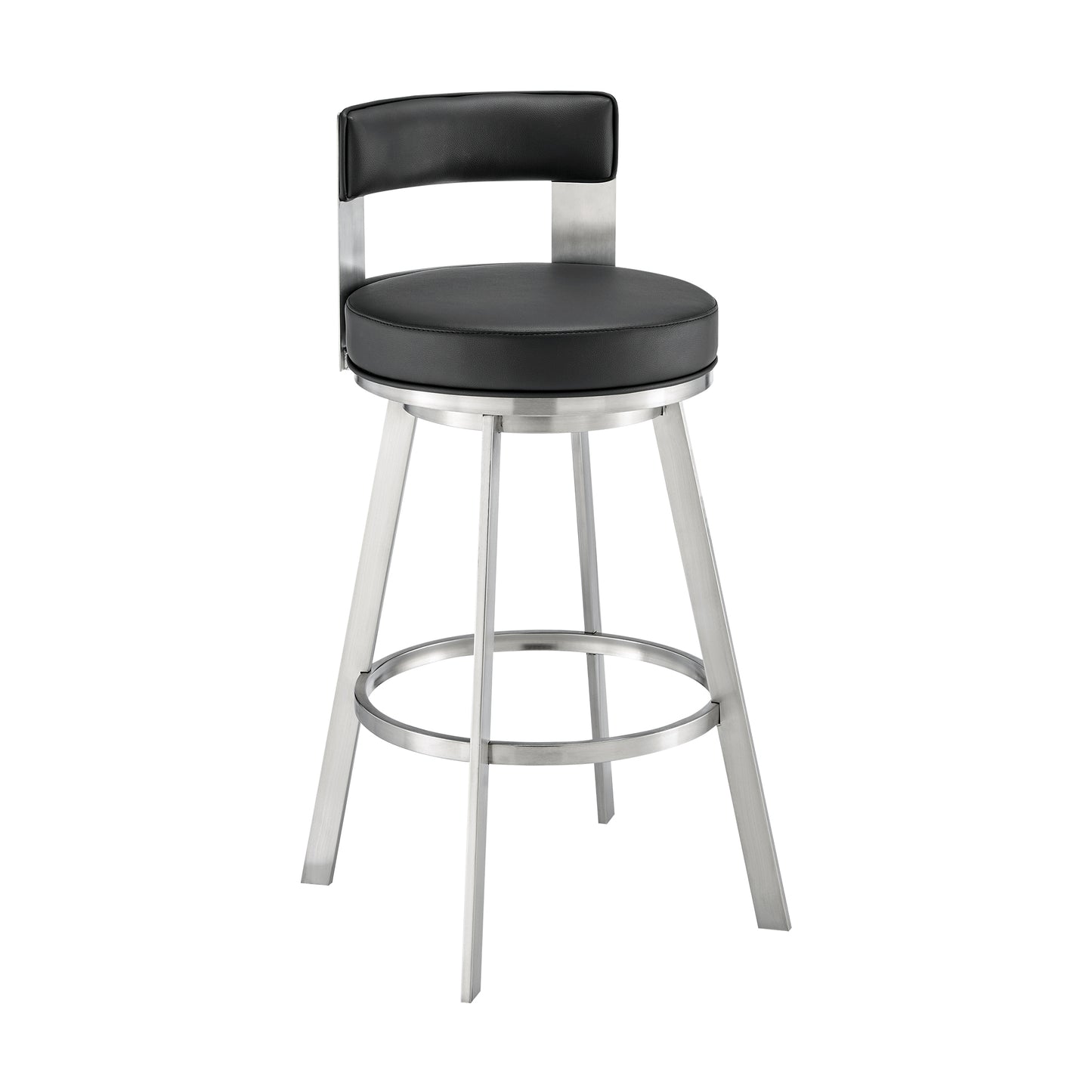 Flynn 30" Swivel Bar Stool in Brushed Stainless Steel with Black Faux Leather