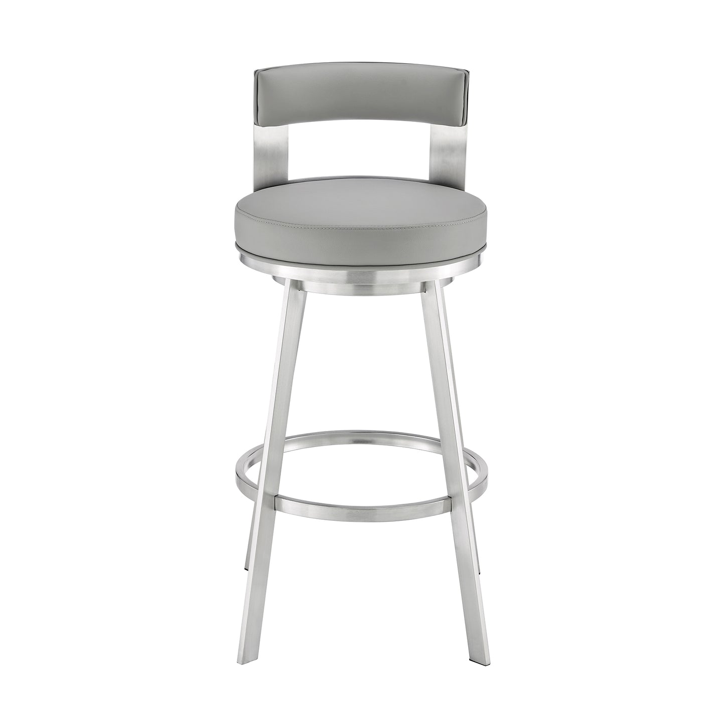 Flynn 26" Swivel Counter Stool in Brushed Stainless Steel with Light Gray Faux Leather