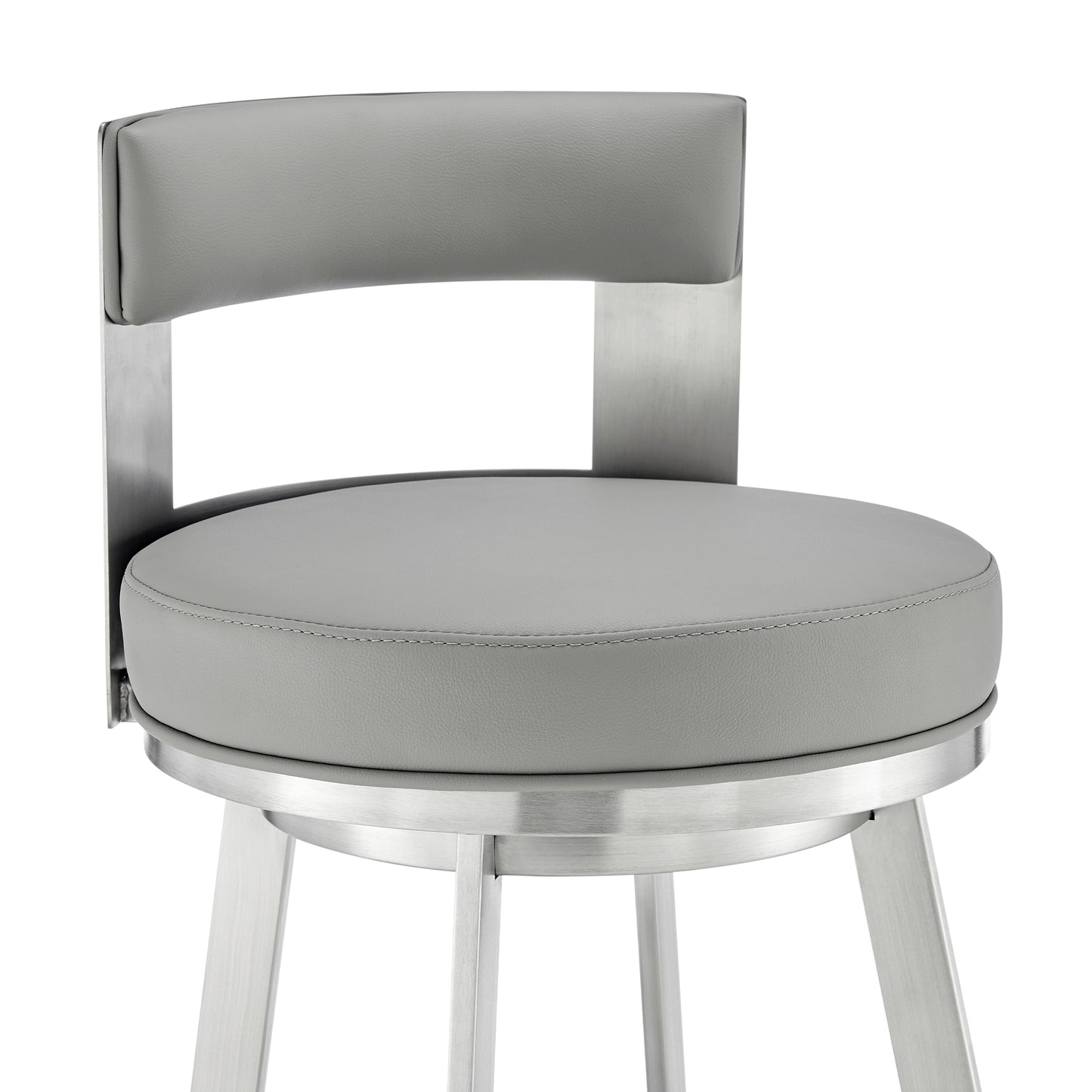 Flynn 26" Swivel Counter Stool in Brushed Stainless Steel with Light Gray Faux Leather
