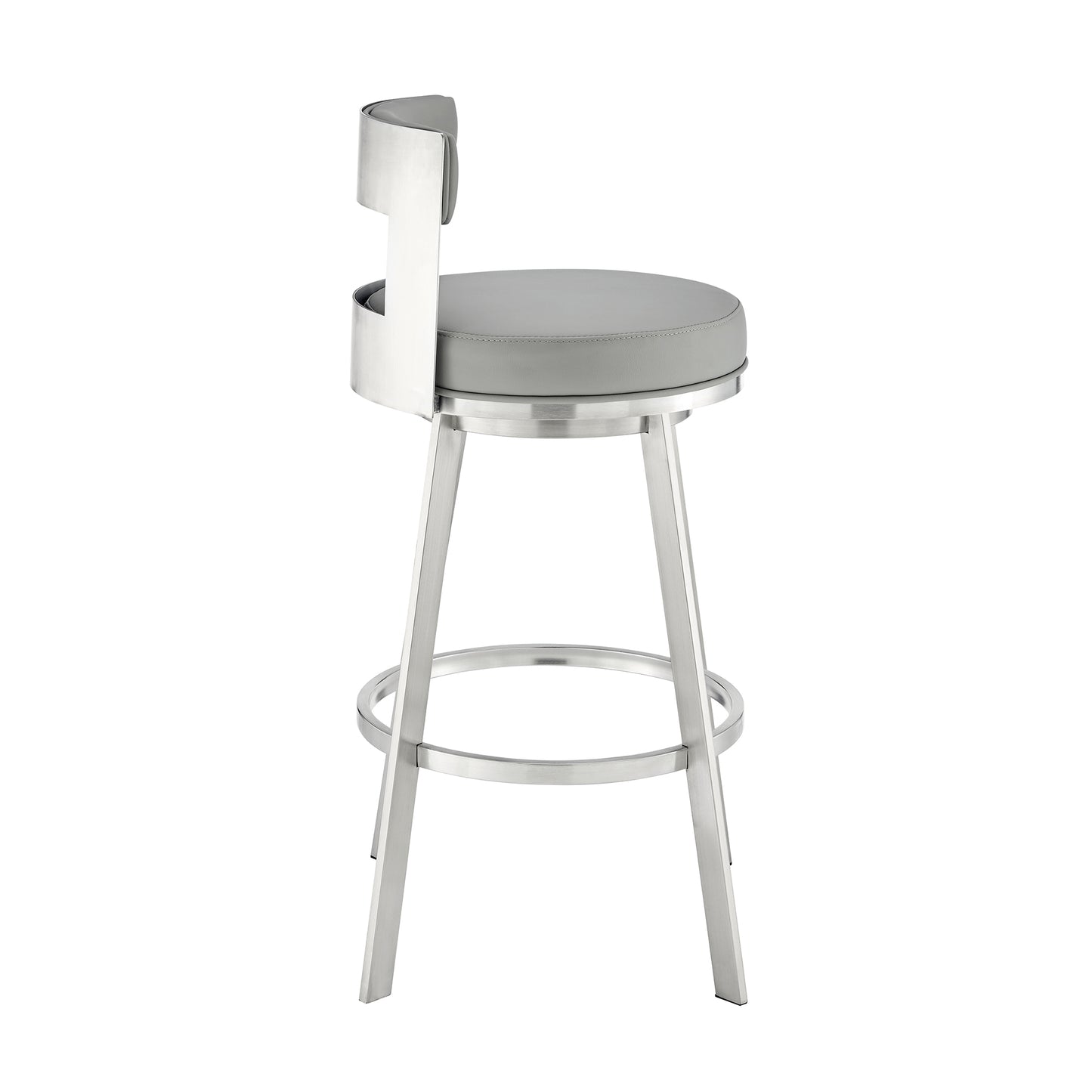 Flynn 30" Swivel Bar Stool in Brushed Stainless Steel with Light Gray Faux Leather