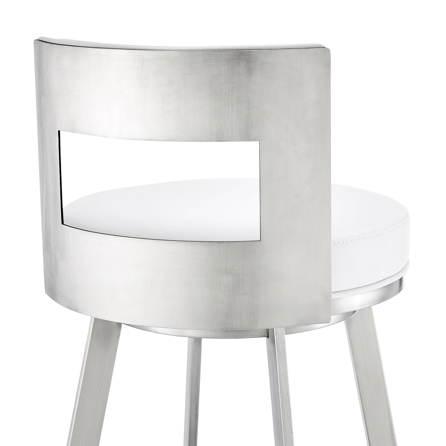 Flynn 26" Swivel Counter Stool in Brushed Stainless Steel with White Faux Leather