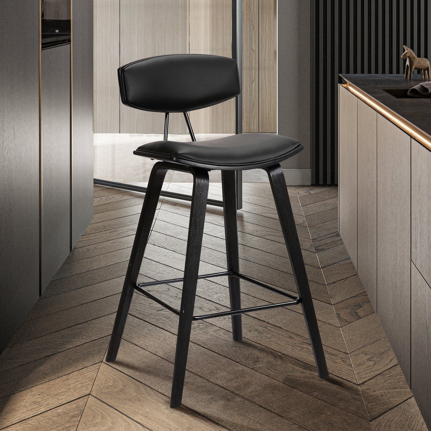 Fox Mid-Century Modern Bar Stool - Counter and Bar Height, Faux Leather and Wood