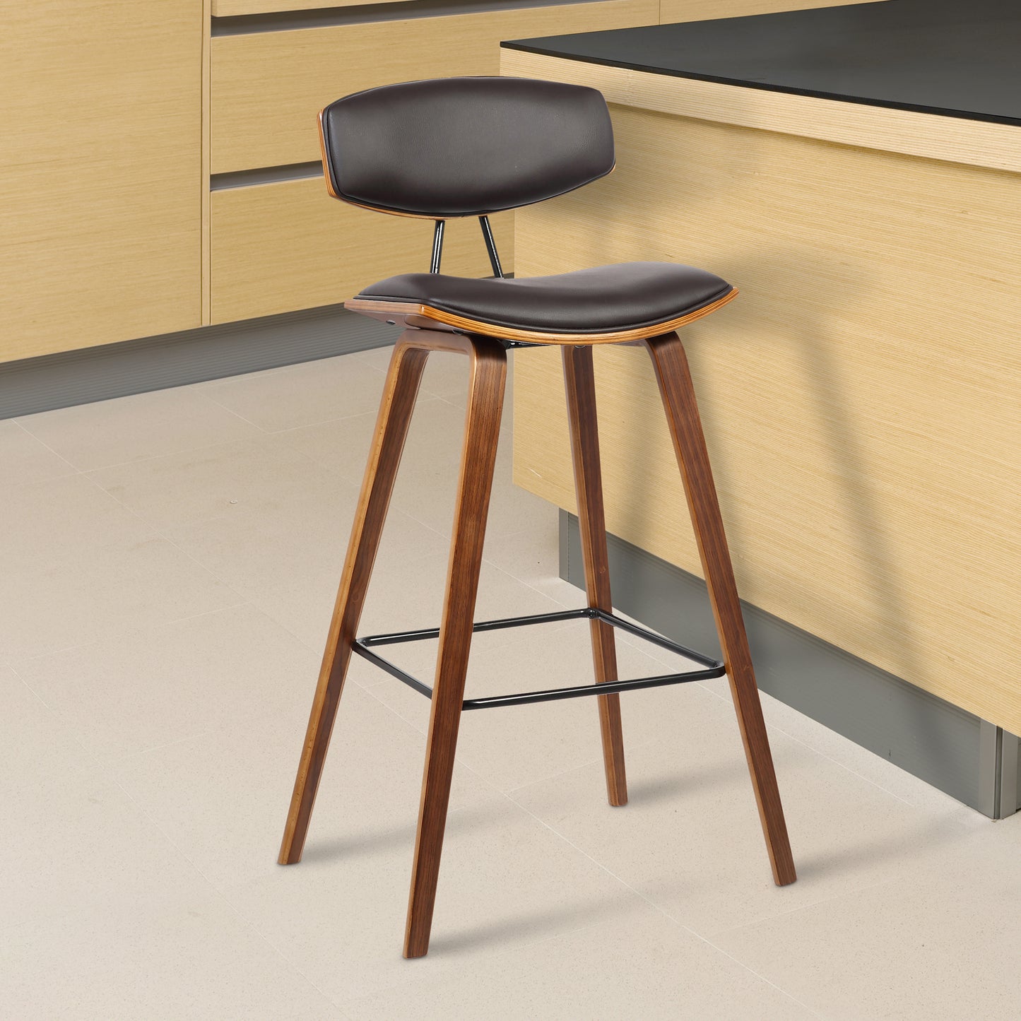 Fox Mid-Century Modern Bar Stool - Counter and Bar Height, Faux Leather and Wood