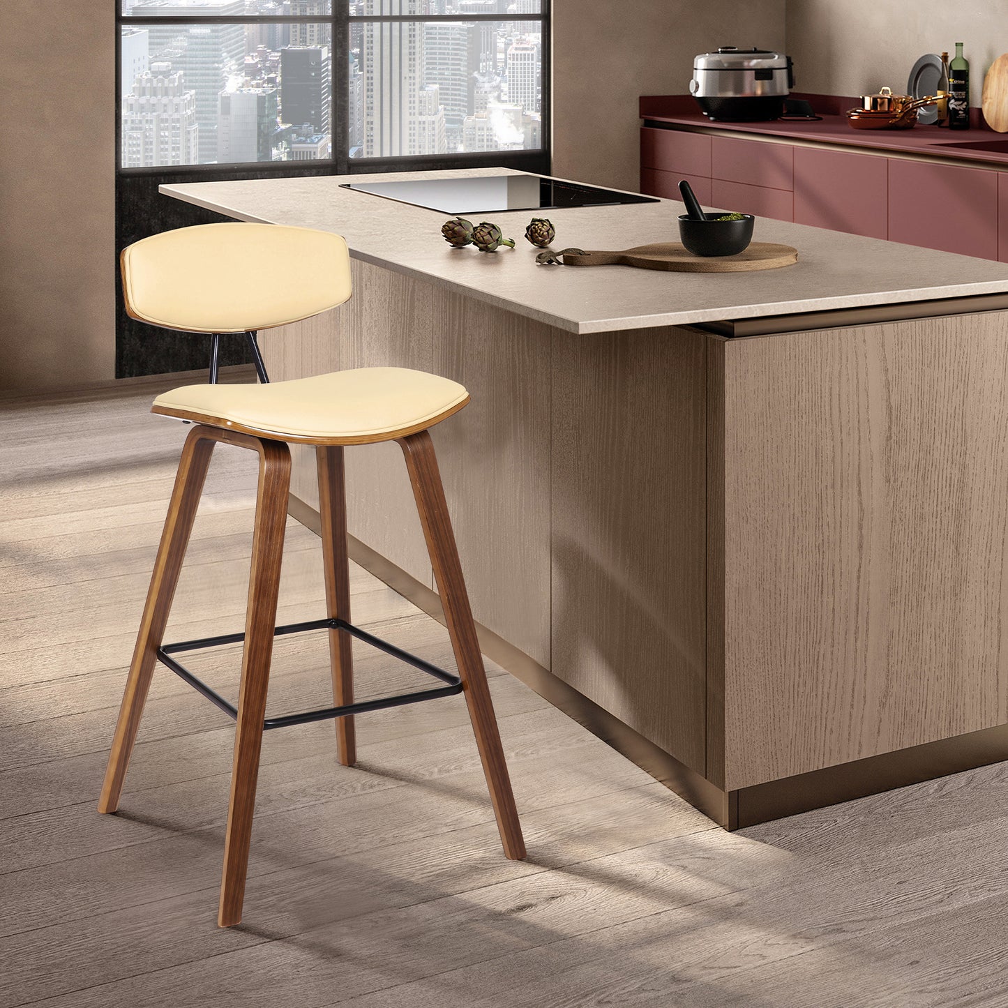 Fox Mid-Century Modern Bar Stool - Counter and Bar Height, Faux Leather and Wood