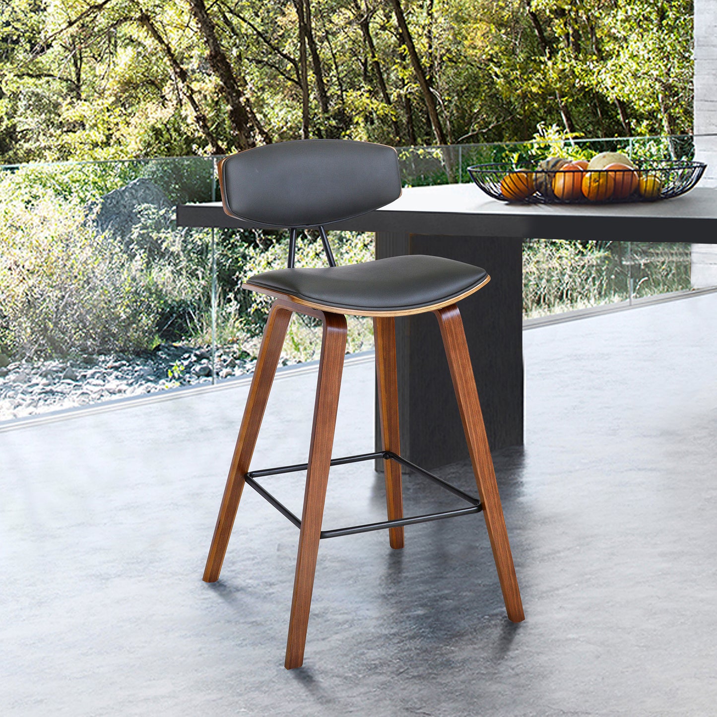 Fox 28.5" Bar Height Gray Faux Leather and Walnut Wood Mid-Century Modern Bar Stool