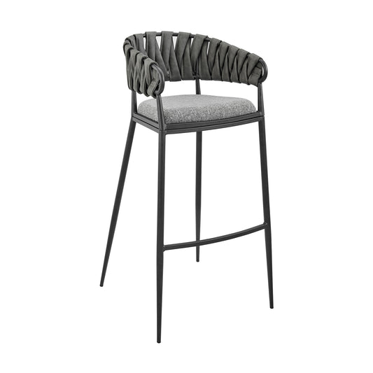Giovanni Counter and Bar Stool in Black Metal with Gray Fabric and Faux Leather