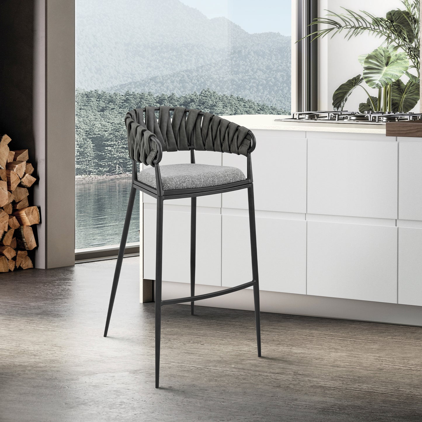 Giovanni Counter and Bar Stool in Black Metal with Gray Fabric and Faux Leather