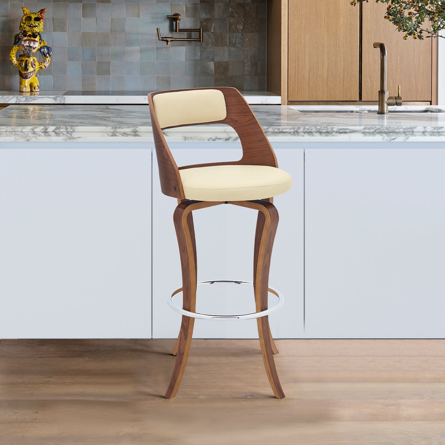 Grady Swivel Faux Leather and Walnut Wood Bar Stool