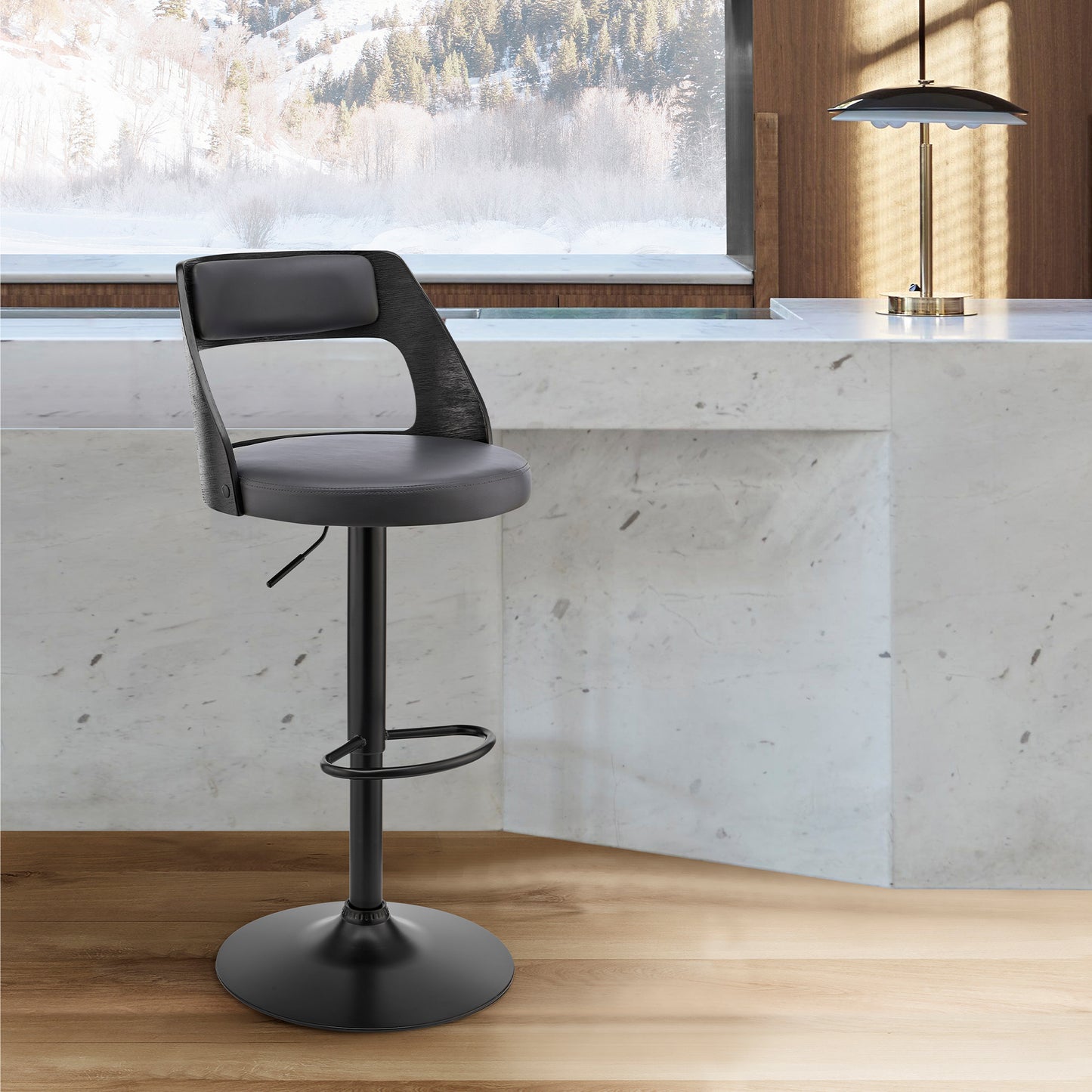 Itzan Adjustable Swivel Faux Leather Bar Stool with Wood and Chrome Base