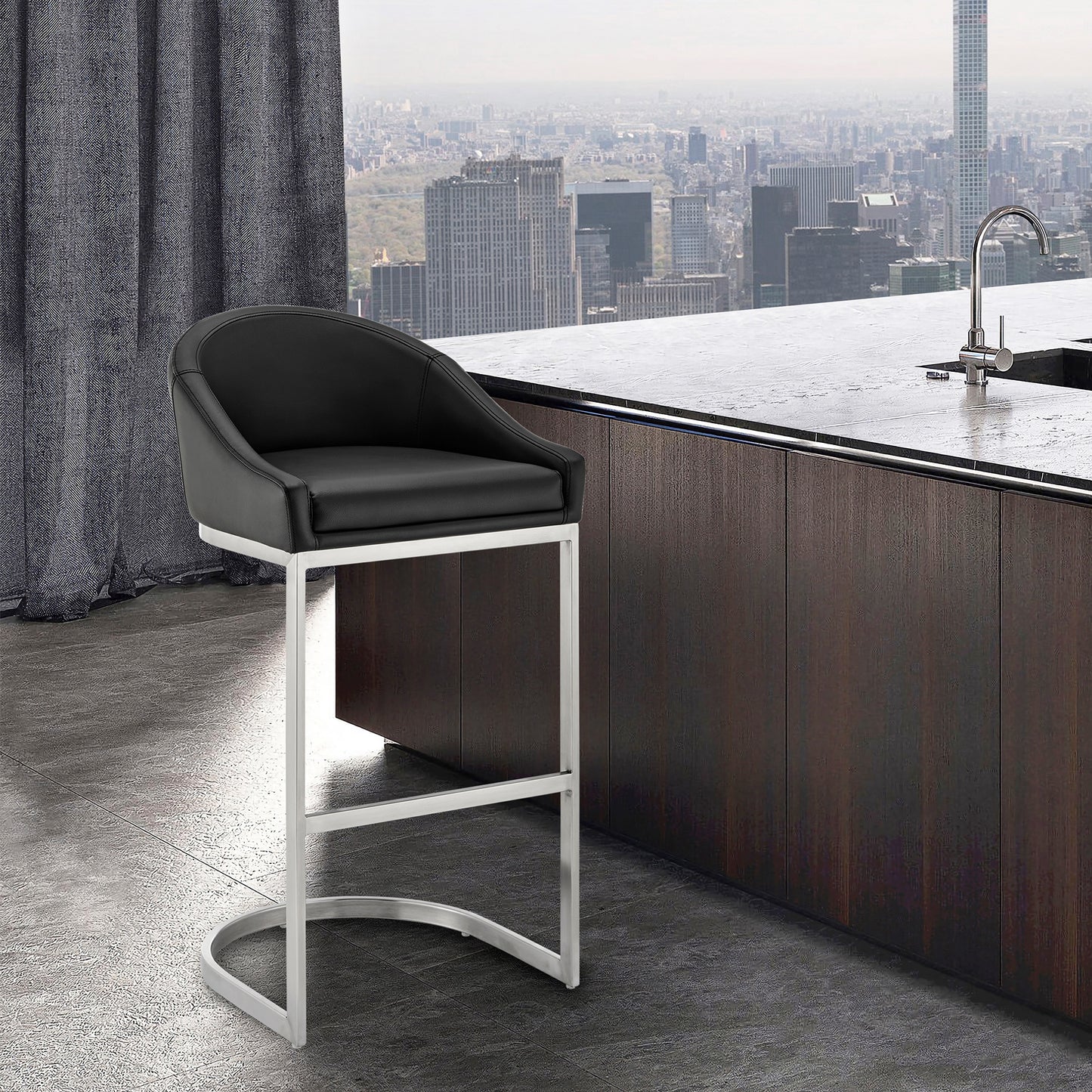 Katherine 30" Bar Stool in Brushed Stainless Steel with Black Faux Leather