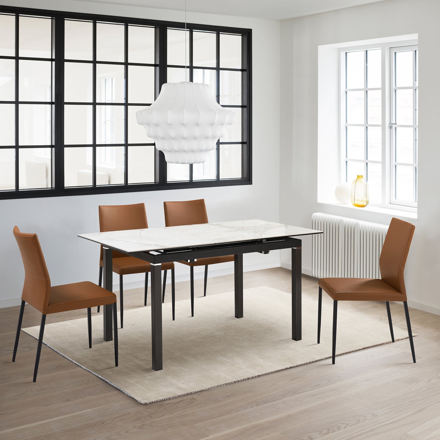 Kash Upholstered Dining Chair in Brown Faux Leather with Black Metal Legs - Set of 2