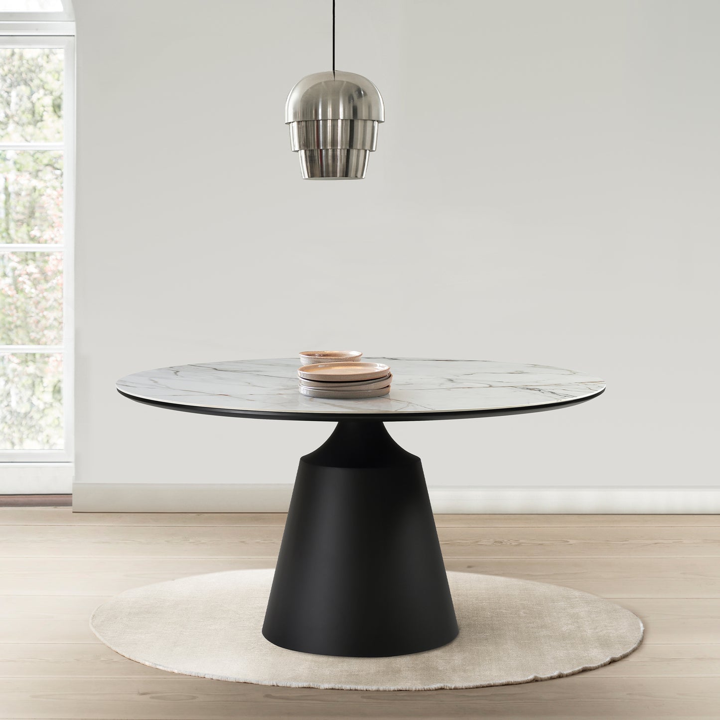 Knox Round Dining Table with Stone Top and Black Metal Base